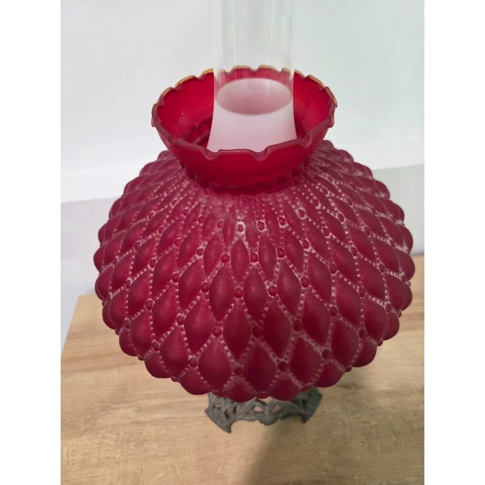 Antique Red Satin Quilted Glass Aladdin Style Oil Lamp Brass Base 20''